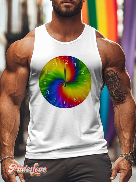 Men’s Retro Gay Rainbow Gradient Round Clock LGBT Tank Top Multicolor / S