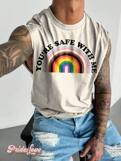 Men’s Retro Gay Rainbow Stripe Slogan Wrap Around LGBT Wide Shoulder Vest Multicolor / S