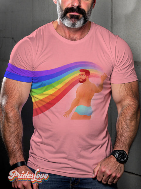 Men’s Retro Gay Rainbow Stripe Wave Flag Gradient Pink Lgbt Print Casual T-Shirt Multicolor / S