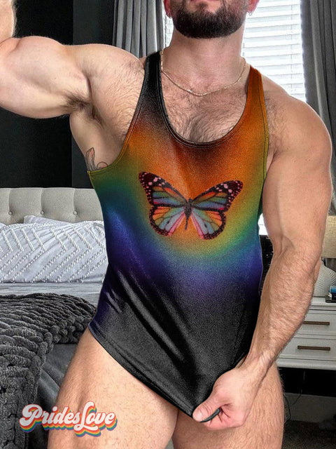 Men’s Retro Gay Rainbow Striped Butterfly Gradient Print 100% Cotton Casual Vest Multicolor / S