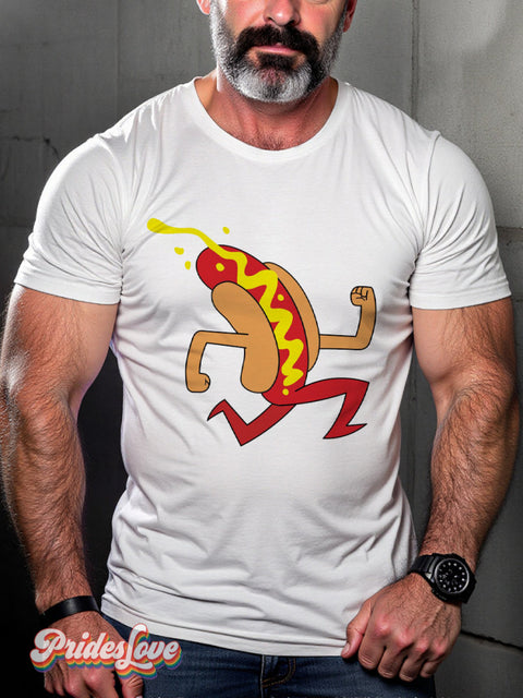 Men’s Retro Gay Sausage Hot Dog Running Hint LGBT Print T-Shirt Multicolor / S
