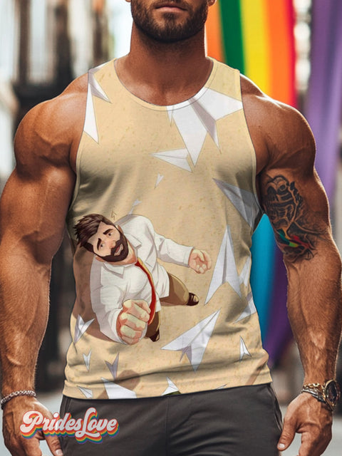 Men’s Retro Gay Shirt Paper Plane Beard LGBT Printed Vest Multicolor / S