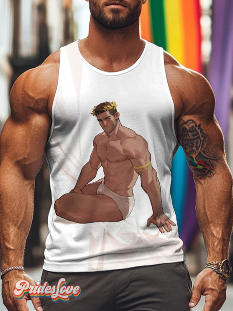 Men’s Retro Gay Sitting Briefs Nude Temptation LGBT Printed Tank Top Multicolor / S