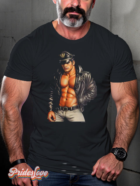 Men’s Retro Gay Uniform Muscle Leather Oil Painting Realistic Lgbt Print Casual T-Shirt