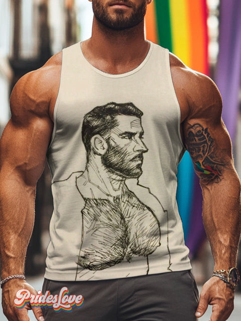 Men’s Retro Gay Vest Chest Muscle Body Hair Beard LGBT Printed Casual Sleeveless Vest Multicolor / S