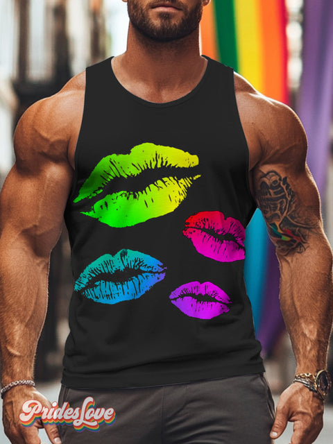 Men’s Retro Lips Color Gradient LGBT Print Casual Sleeveless Tank Top Multicolor / S