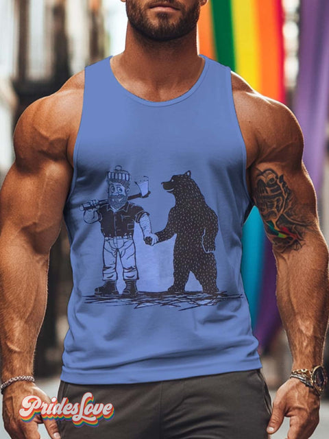 Men’s Retro Man Bear Holding Hands Cartoon Lgbt Print Vest Multicolor / S
