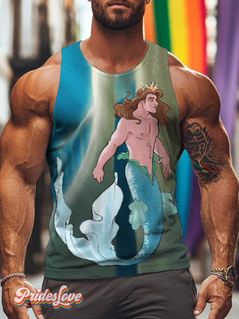 Men’s Retro Men’s Mermaid Crown Undersea Muscle LGBT Printed Vest Multicolor / S