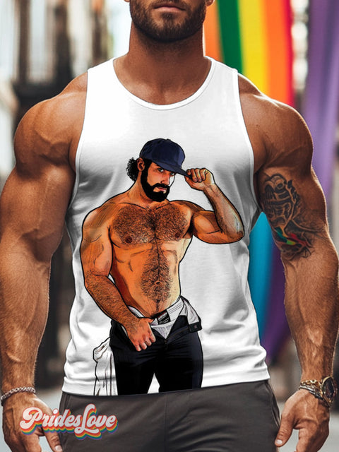 Men’s Retro Muscle Gay Half Naked Hat Body Hair LGBT Printed Vest Multicolor / S