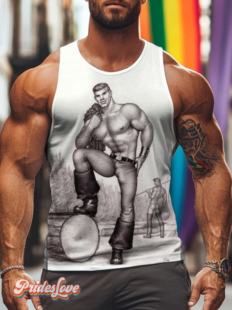 Men’s Retro Muscle Gay Half-naked Uniform Tight LGBT Printed Vest Multicolor / S
