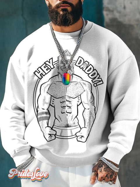 Men’s Retro Muscle Gay Slogan Hello Daddy Lgbt Printed Casual Sweatshirt