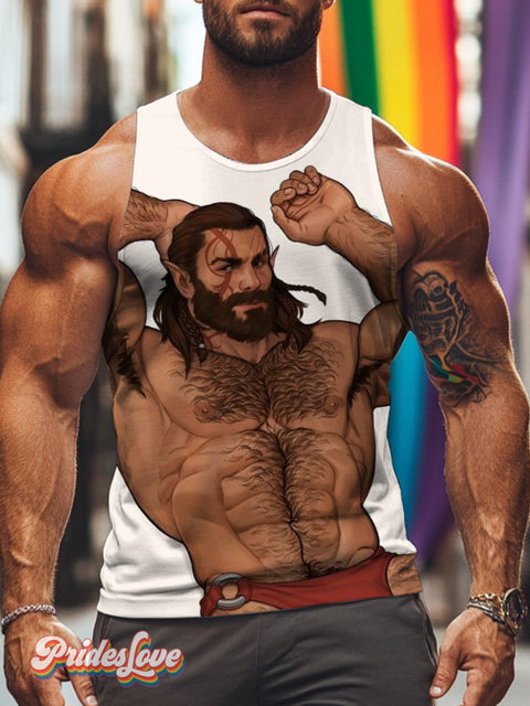 Men’s Retro Muscle Man Beard Show Tank Top LGBT Print Tank Top Multicolor / S