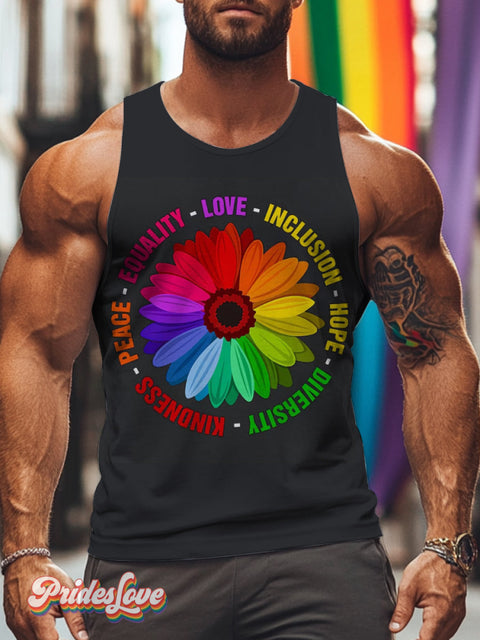 Men’s Retro Rainbow Chrysanthemum Petals Slogan Surround LGBT Print Tights Vest Multicolor / S