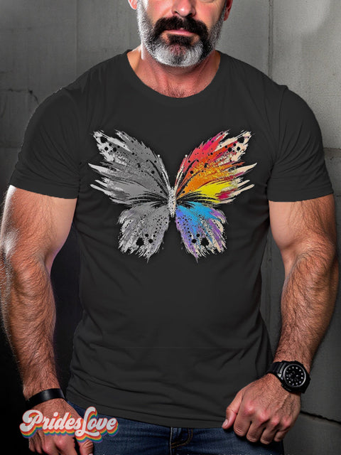 Men’s Retro Rainbow Stripe Butterfly Single Edge Texture Lgbt Print Casual T-Shirt Multicolor / S