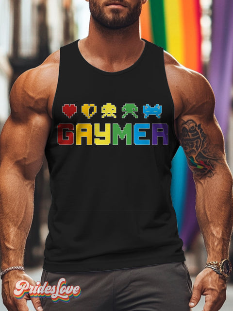 Men’s Retro Rainbow Stripe Slogan Pixel Lgbt Print Vest Multicolor / S