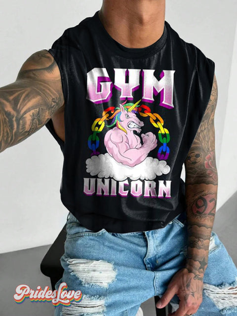 Men’s Retro Rainbow Unicorn Gym Slogan Lgbt Print Wide Shoulder Tank Top Colorful / S