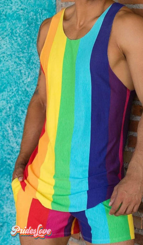 Men’s Retro Rainbow Vertical Stripes LGBT Print Leggings Vest Multicolor / S