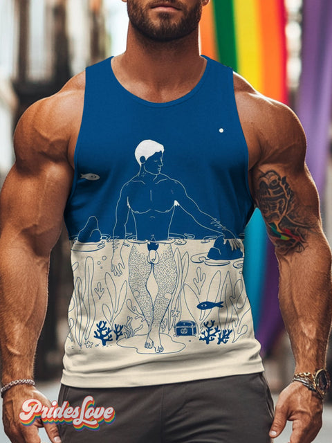 Men’s Retro Split Contrast Color Exposed Simple Underwater LGBT Print Tights Vest Multicolor / S