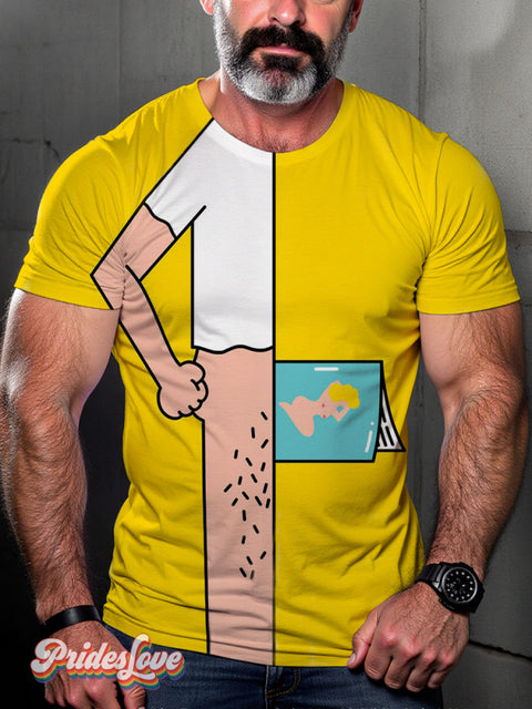 Men’s Retro Straight Line Geometric Body Book Block Suggestive Cartoon Lgbt Print Casual T-Shirt