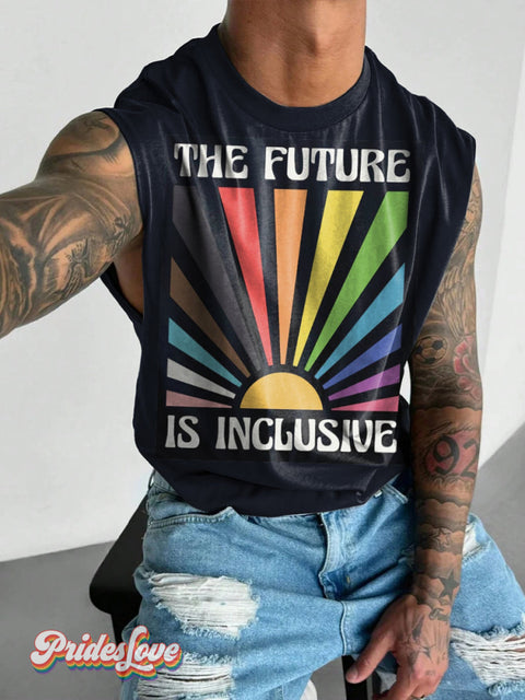Men’s Retro Sun Rainbow Stripe Slogan LGBT Print Wide Shoulder Vest Multicolor / S