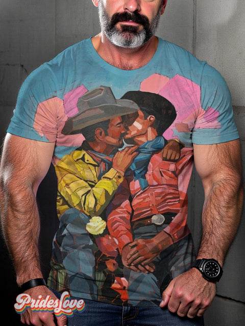 Men’s Retro Western Cowboy Kissing Oil Painting Lgbt Print T-Shirt Multicolor / S