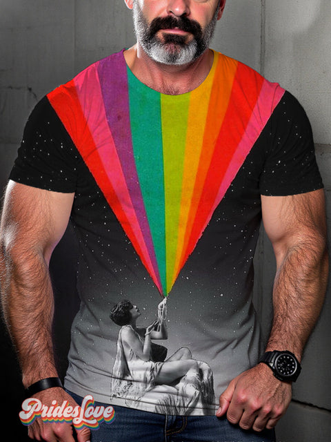 Men’s Retro Women’s Light Bulb Turn On Stripes Rainbow Lgbt Print Casual T-Shirt Multicolor / S
