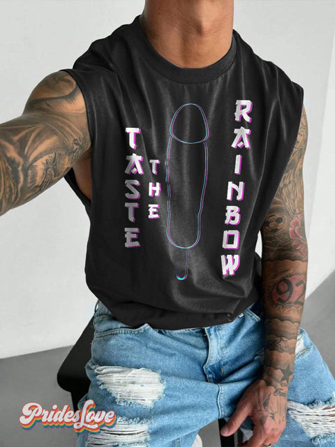 Men’s Taste The Rainbow Cock Pride LGBT Gay Print Wide Shoulder Vest Black / S