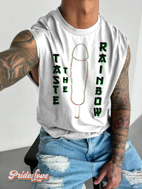 Men’s Taste The Rainbow Cock Pride LGBT Gay Print Wide Shoulder Vest White / S