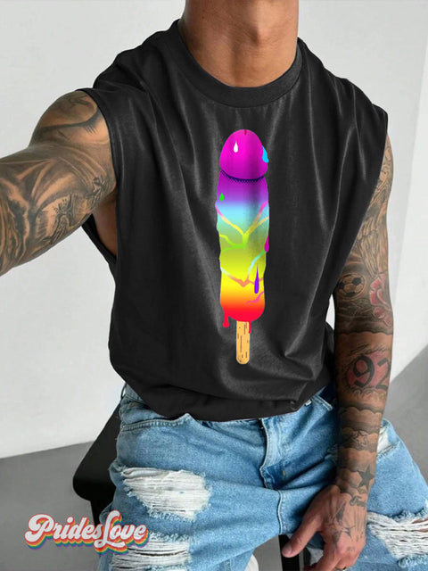 Men’s Taste The Rainbow Pride LGBT Gay Print Wide Shoulder Vest Black / S