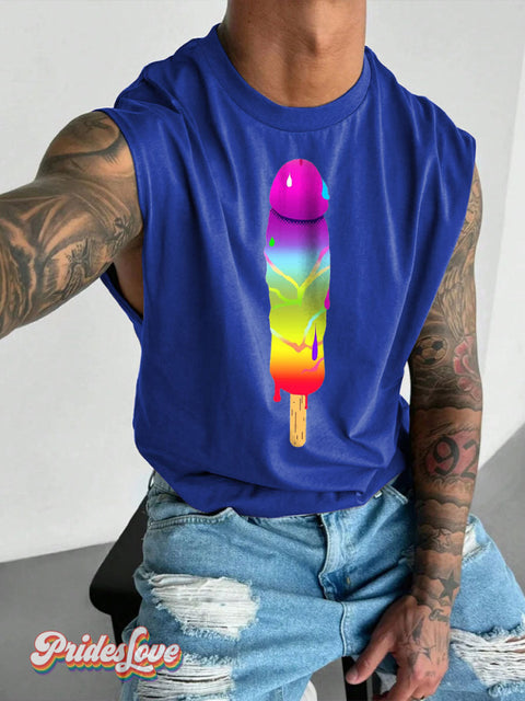 Men’s Taste The Rainbow Pride LGBT Gay Print Wide Shoulder Vest Blue / S