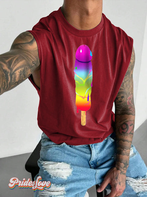 Men’s Taste The Rainbow Pride LGBT Gay Print Wide Shoulder Vest Maroon / S