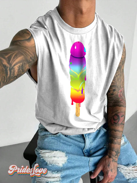Men’s Taste The Rainbow Pride LGBT Gay Print Wide Shoulder Vest White / S