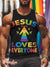 Men’s Vintage Gay Jesus Loves Everyone Slogan Rainbow Stripes LGBT Printed Casual Sleeveless Tank Top Multicolor / S