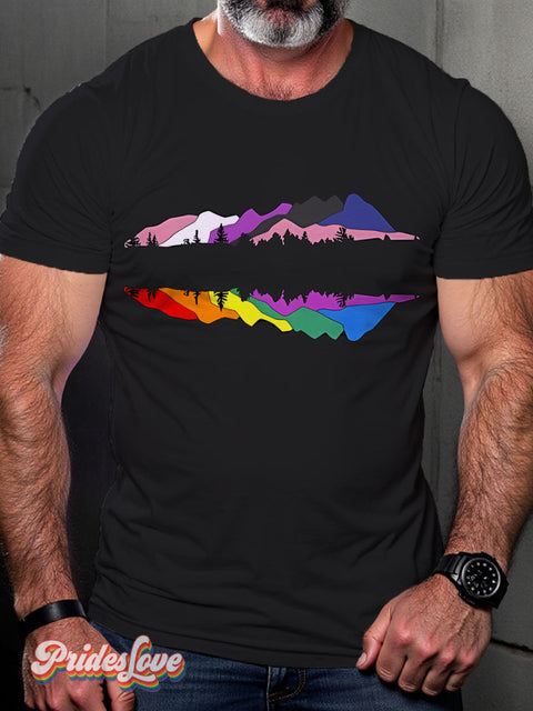 Mountain Range Forest Silhouette Rainbow Lgbtq Gay Print T-Shirt Multicolor / S