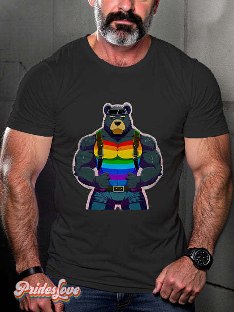 Muscular Gay Bear Rainbow Lgbtq Print T-Shirt Black / S