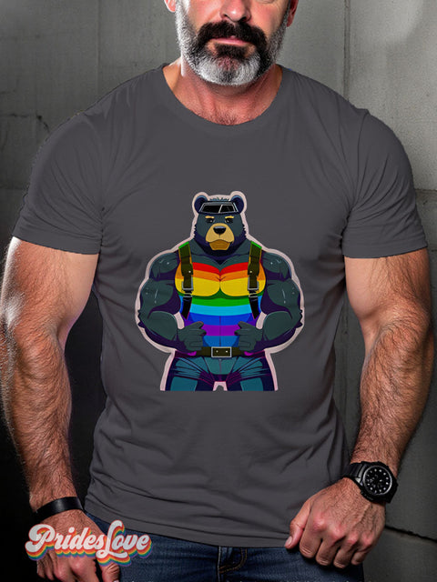 Muscular Gay Bear Rainbow Lgbtq Print T-Shirt Gray / S