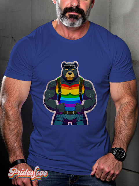Muscular Gay Bear Rainbow Lgbtq Print T-Shirt Royalblue / S
