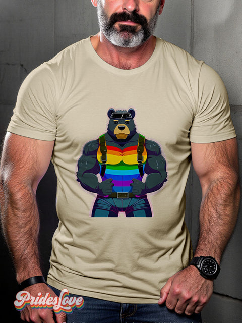 Muscular Gay Bear Rainbow Lgbtq Print T-Shirt Sand / S