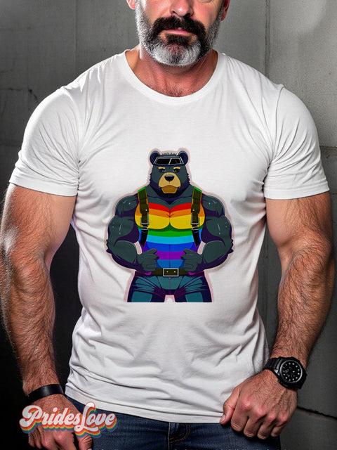 Muscular Gay Bear Rainbow Lgbtq Print T-Shirt White / S