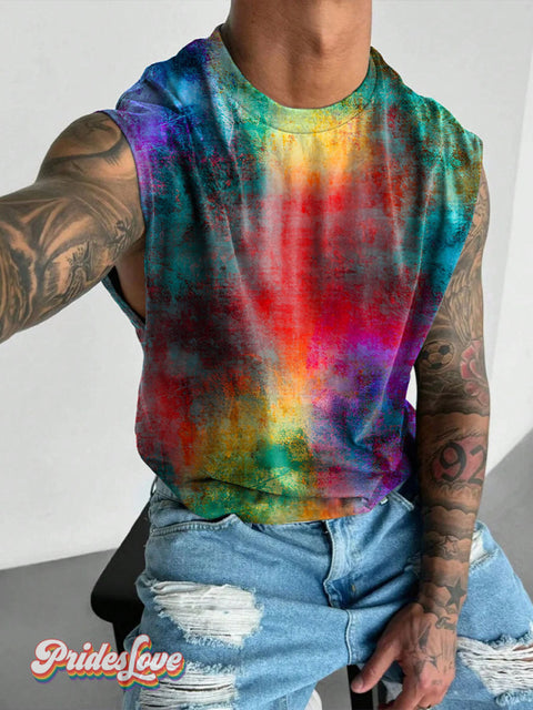 Paint Splatter Doodle Rainbow LGBTQ Gay Print Men’s Wide Shoulder Vest Multicolor / S