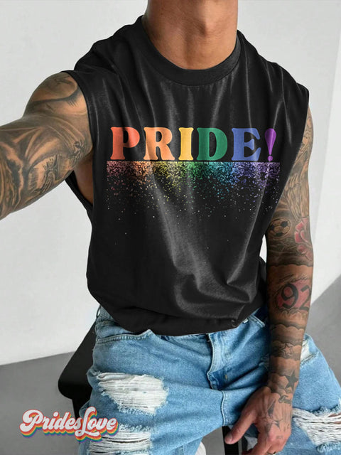 Pride! And Glitter Rainbow LGBTQ Gay Print Men’s Wide Shoulder Vest Multicolor / S
