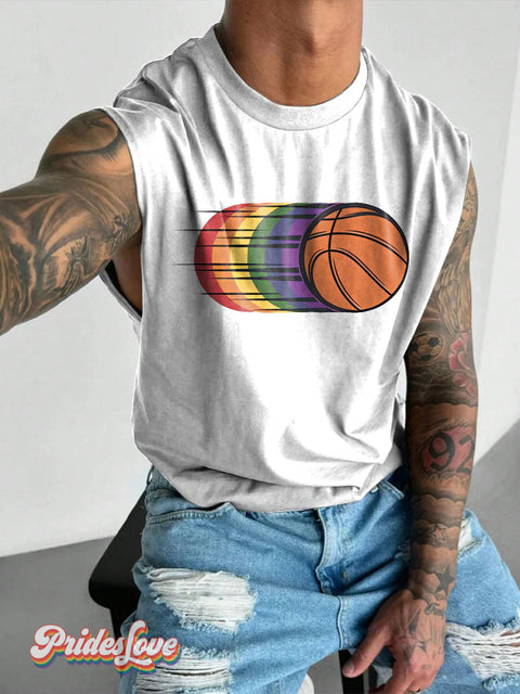 Pride Basketball Pride Power Rainbow LGBTQ Gay Print Men’s Wide Shoulder Vest Multicolor / S