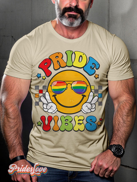 Pride Vibes Smiling face Rainbow LGBTQ Gay Print T-shirt Sand / S