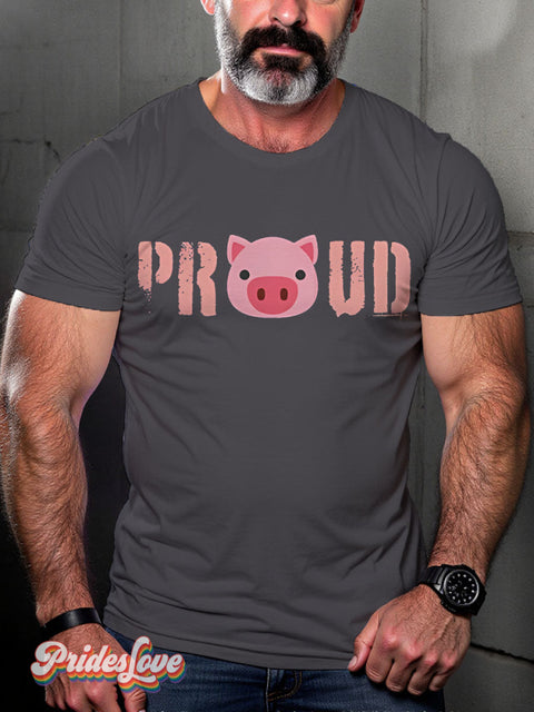 Proud Pig Cute Rainbow LGBTQ Gay Print T-shirt Gray / S