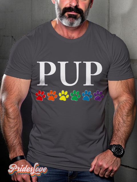 Pup Rainbow Pride Lgbt Gay Art Print T-Shirt Gray / S