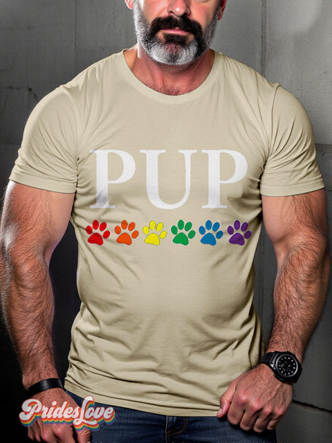 Pup Rainbow Pride Lgbt Gay Art Print T-Shirt Sand / S