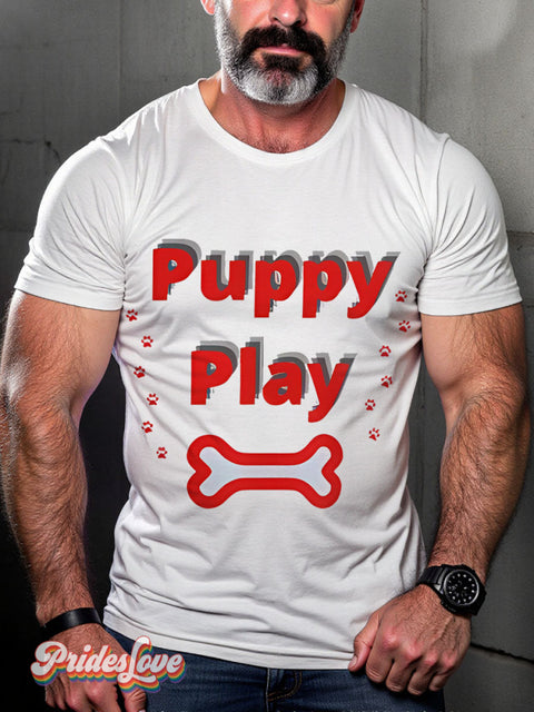 Puppy Play Lgbt Rainbow Gay Art Print T-Shirt White / S