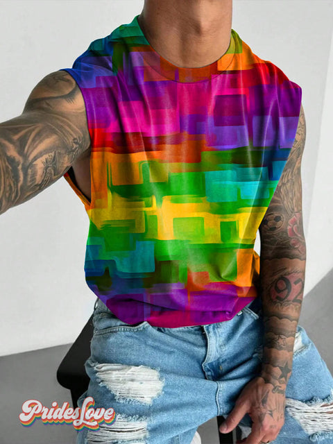 Rainbow Block Doodle Smudge LGBTQ Gay Print Men’s Wide Shoulder Vest Multicolor / S