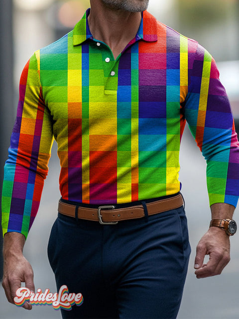 Rainbow Gradient Check LGBTQ Gay Men’s Art Print Buttons Long Sleeve Polo Colorful / S