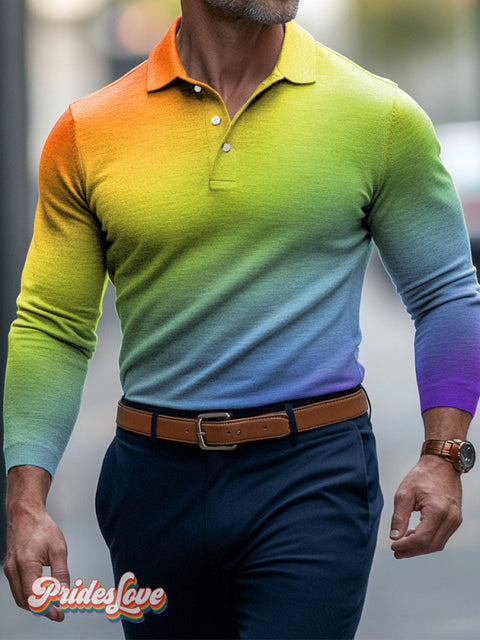 Rainbow Gradient LGBTQ Gay Men’s Art Print Buttons Long Sleeve Polo Colorful / S